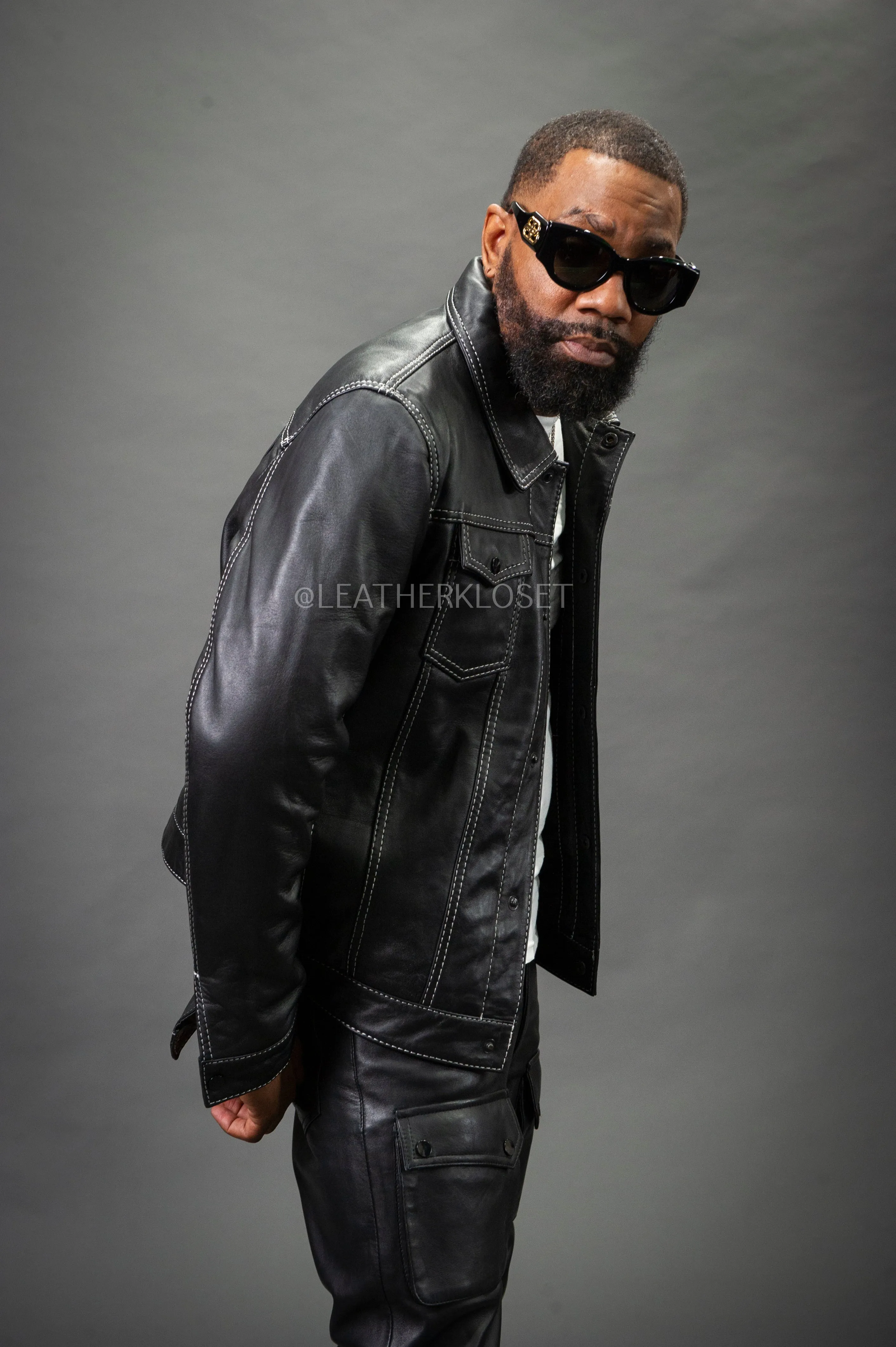 Black Dylan Mens Leather Jean Jacket and Cargo Pants Set
