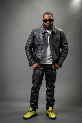 Black Dylan Mens Leather Jean Jacket and Cargo Pants Set