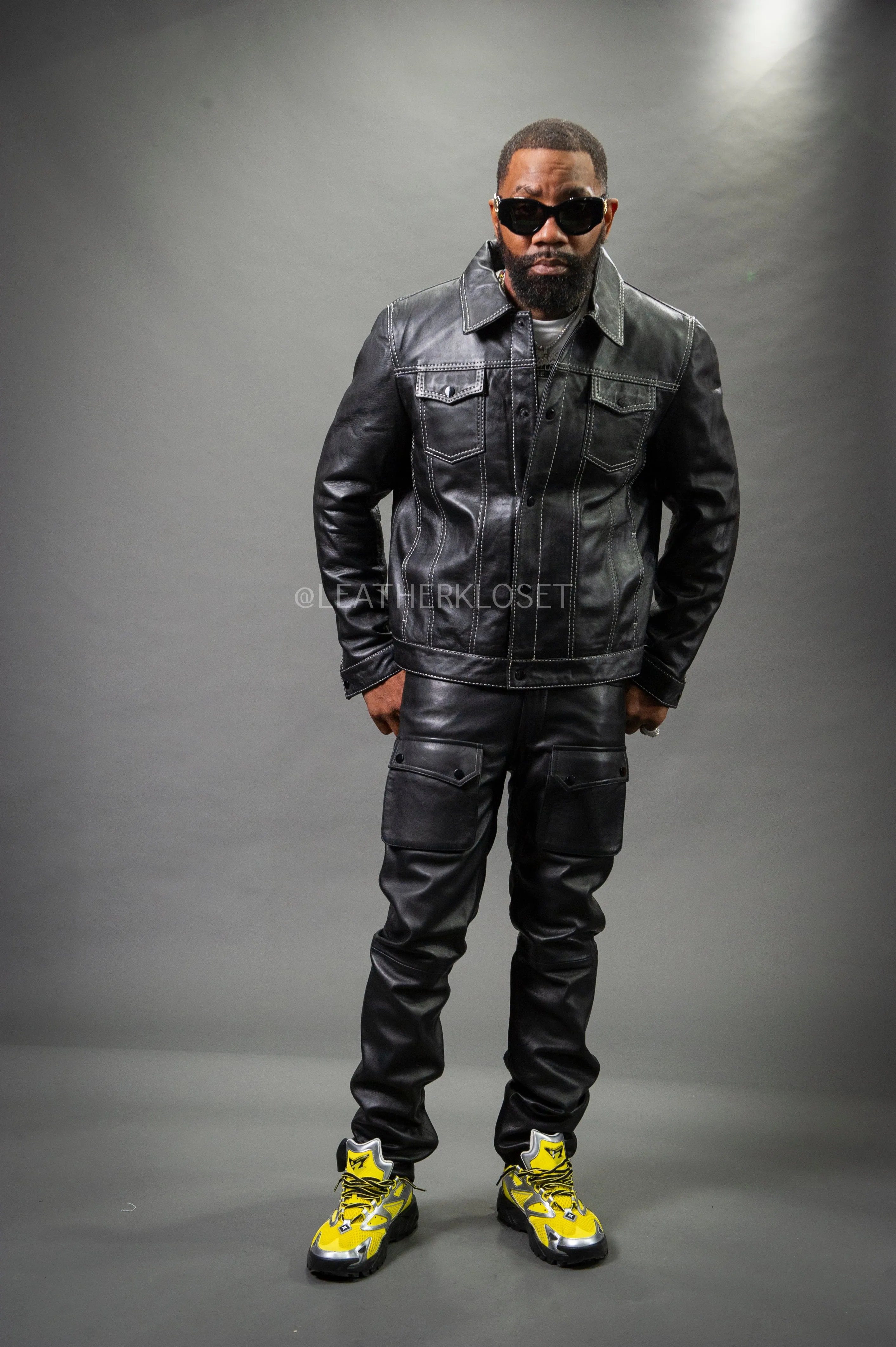 Black Dylan Mens Leather Jean Jacket and Cargo Pants Set