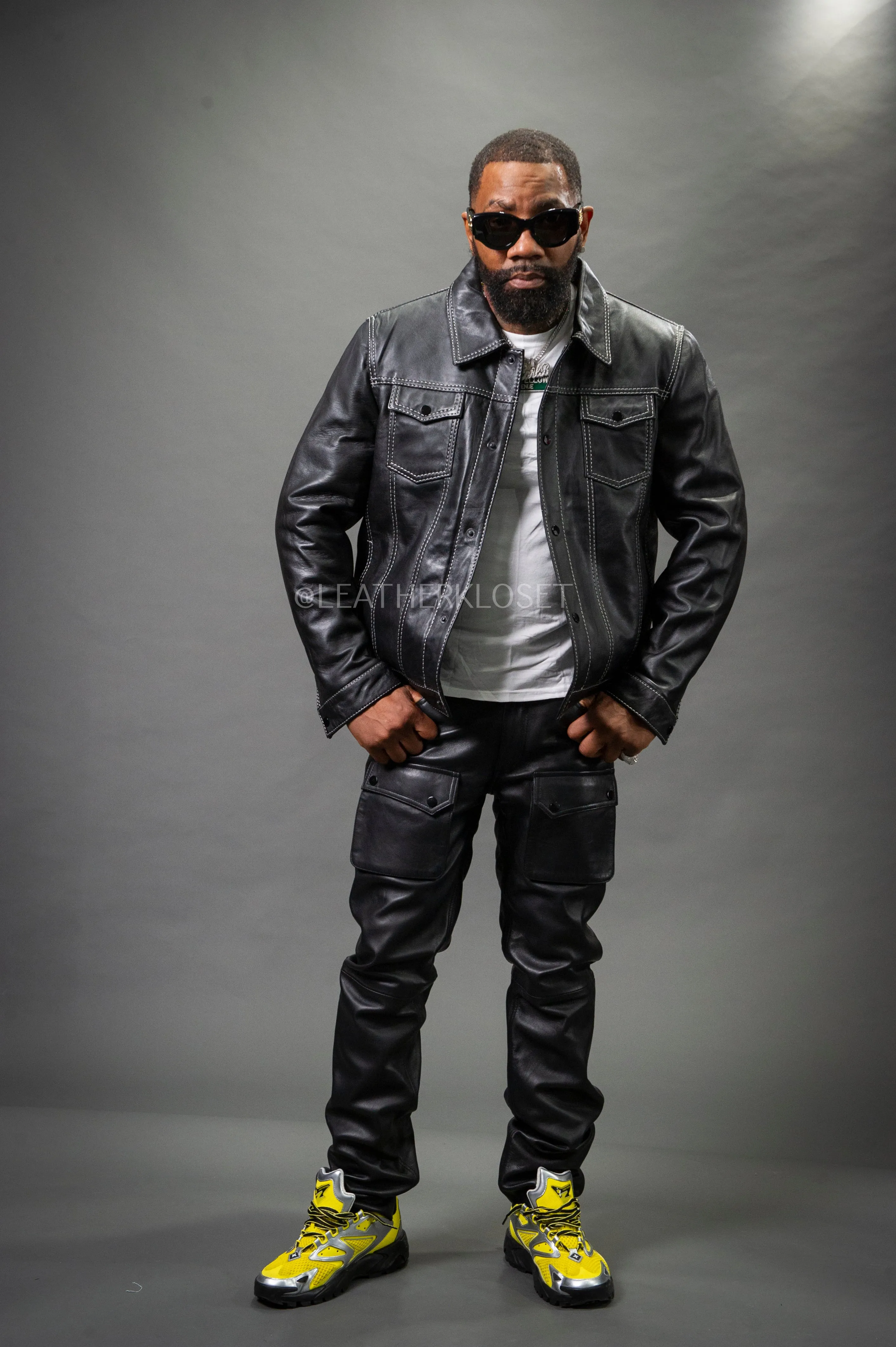 Black Dylan Mens Leather Jean Jacket and Cargo Pants Set