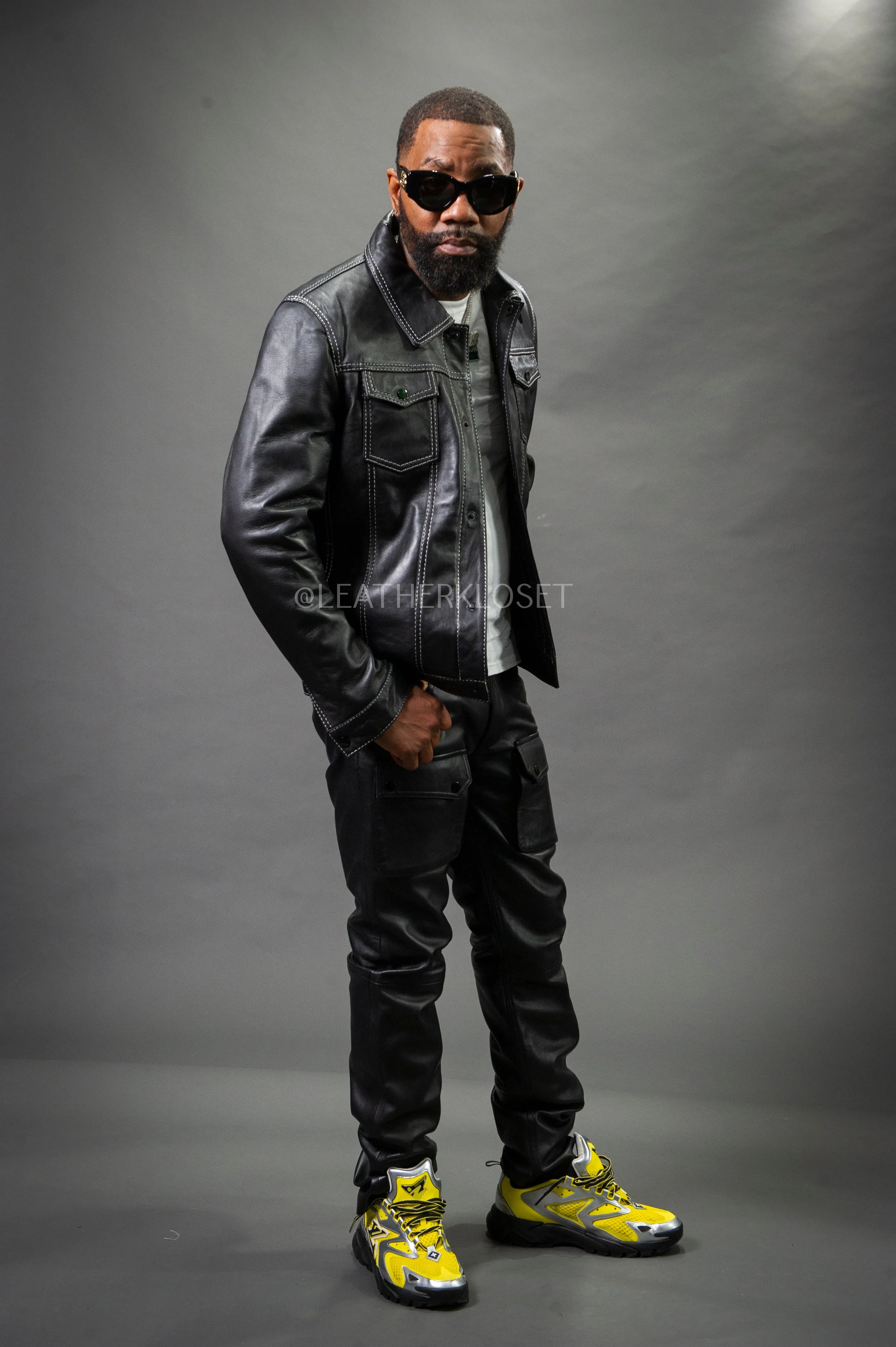 Black Dylan Mens Leather Jean Jacket and Cargo Pants Set