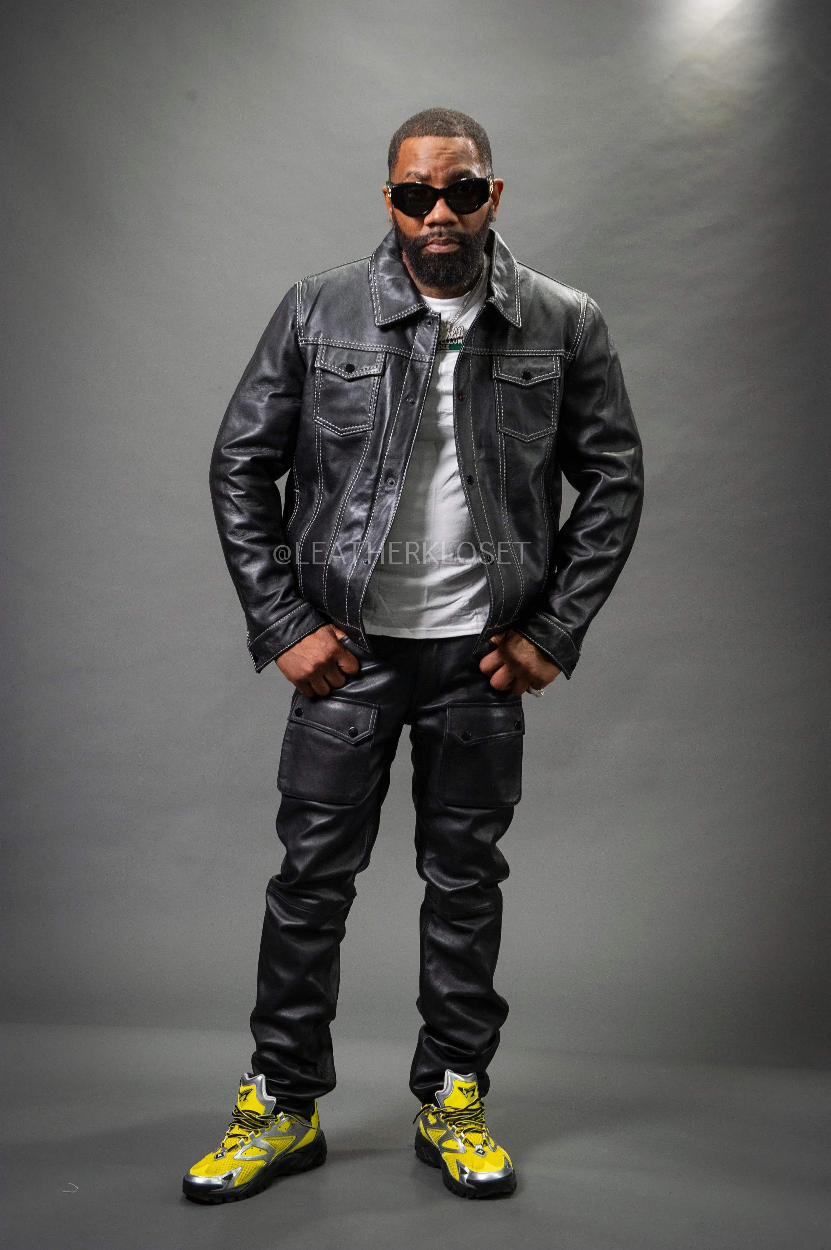 Black Dylan Mens Leather Jean Jacket and Cargo Pants Set