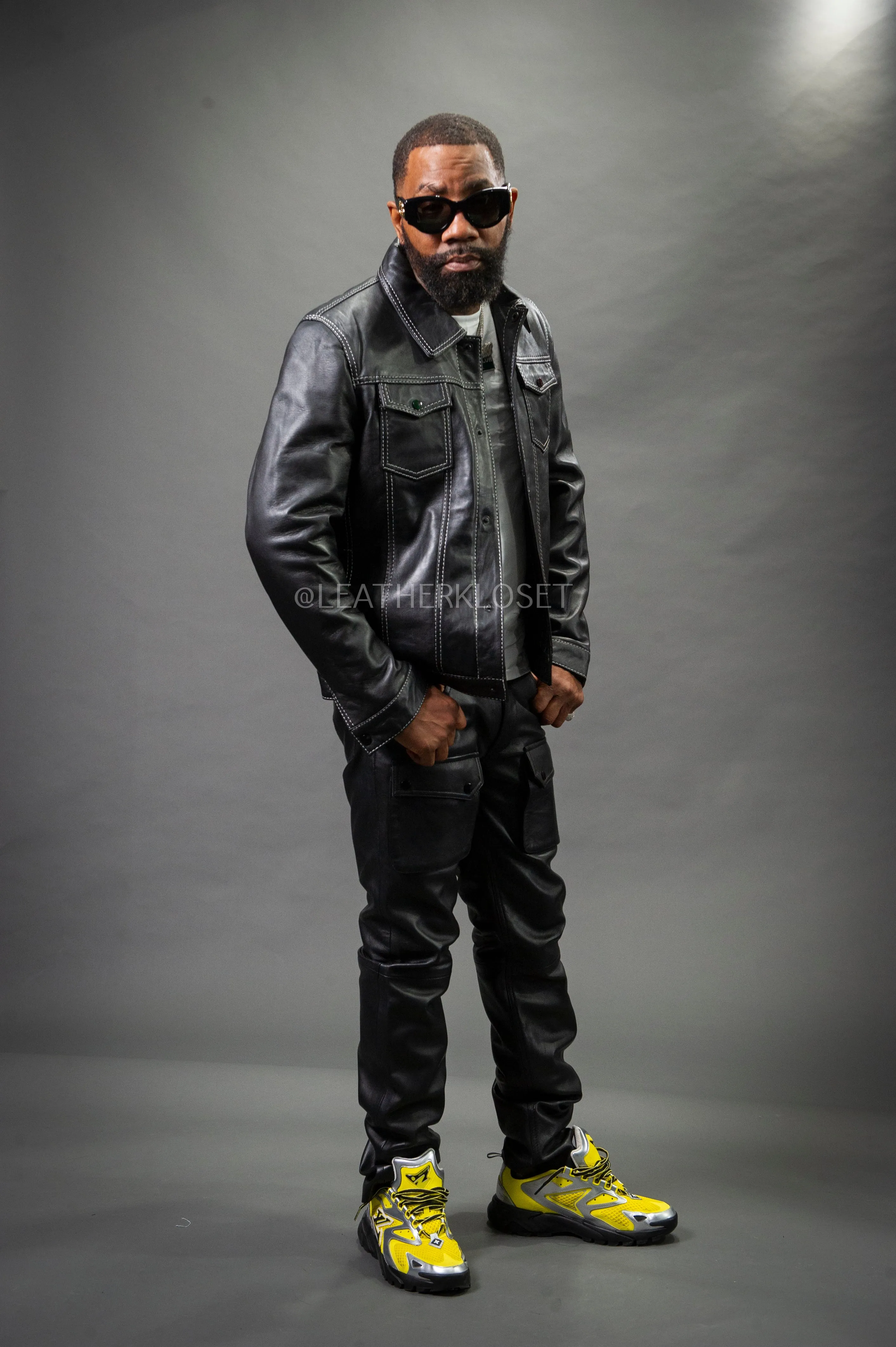 Black Dylan Mens Leather Jean Jacket and Cargo Pants Set