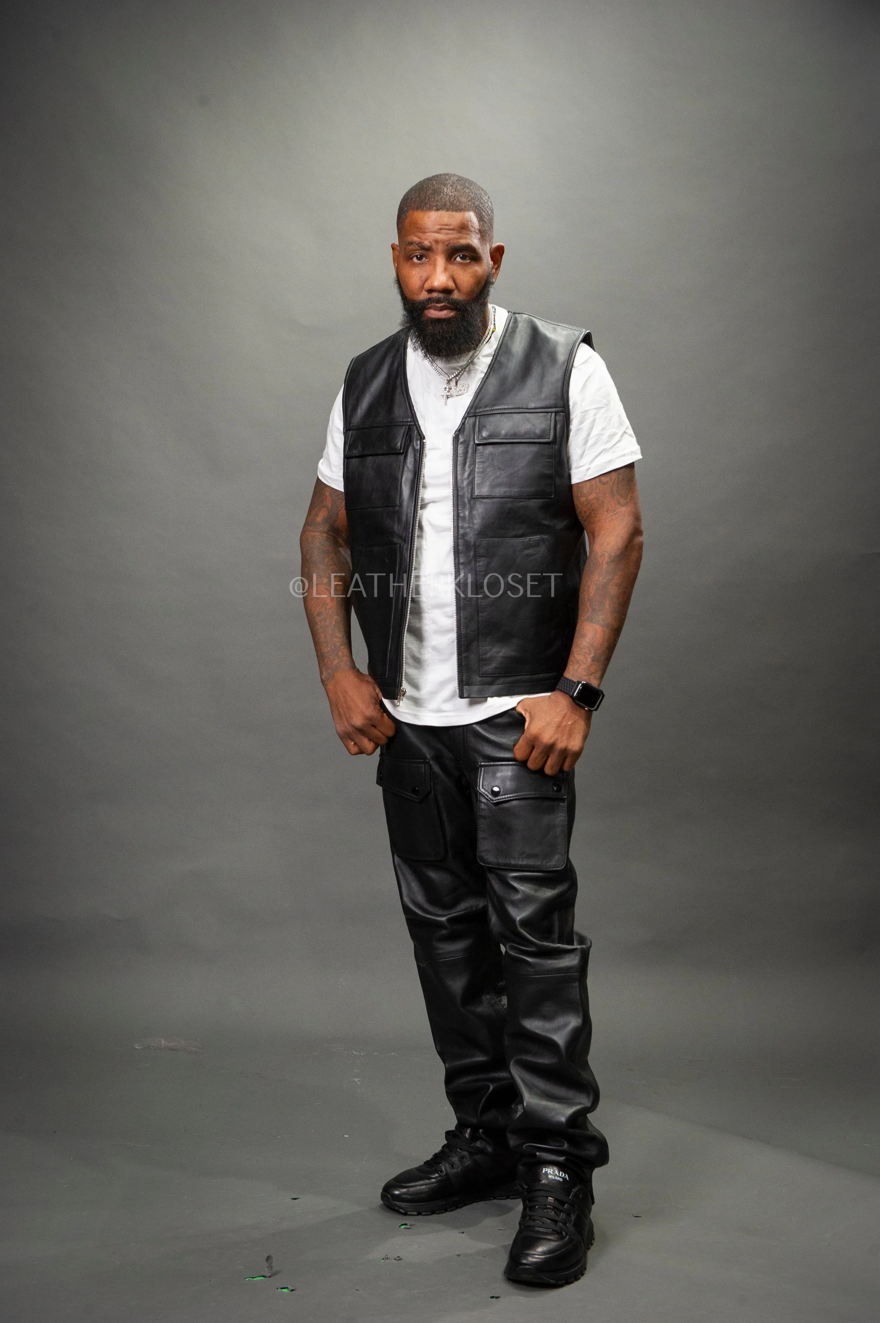 Black Leather Brooklyn Vest and Leather Cargo Pants for Men