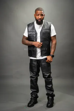 Black Leather Brooklyn Vest and Leather Cargo Pants for Men