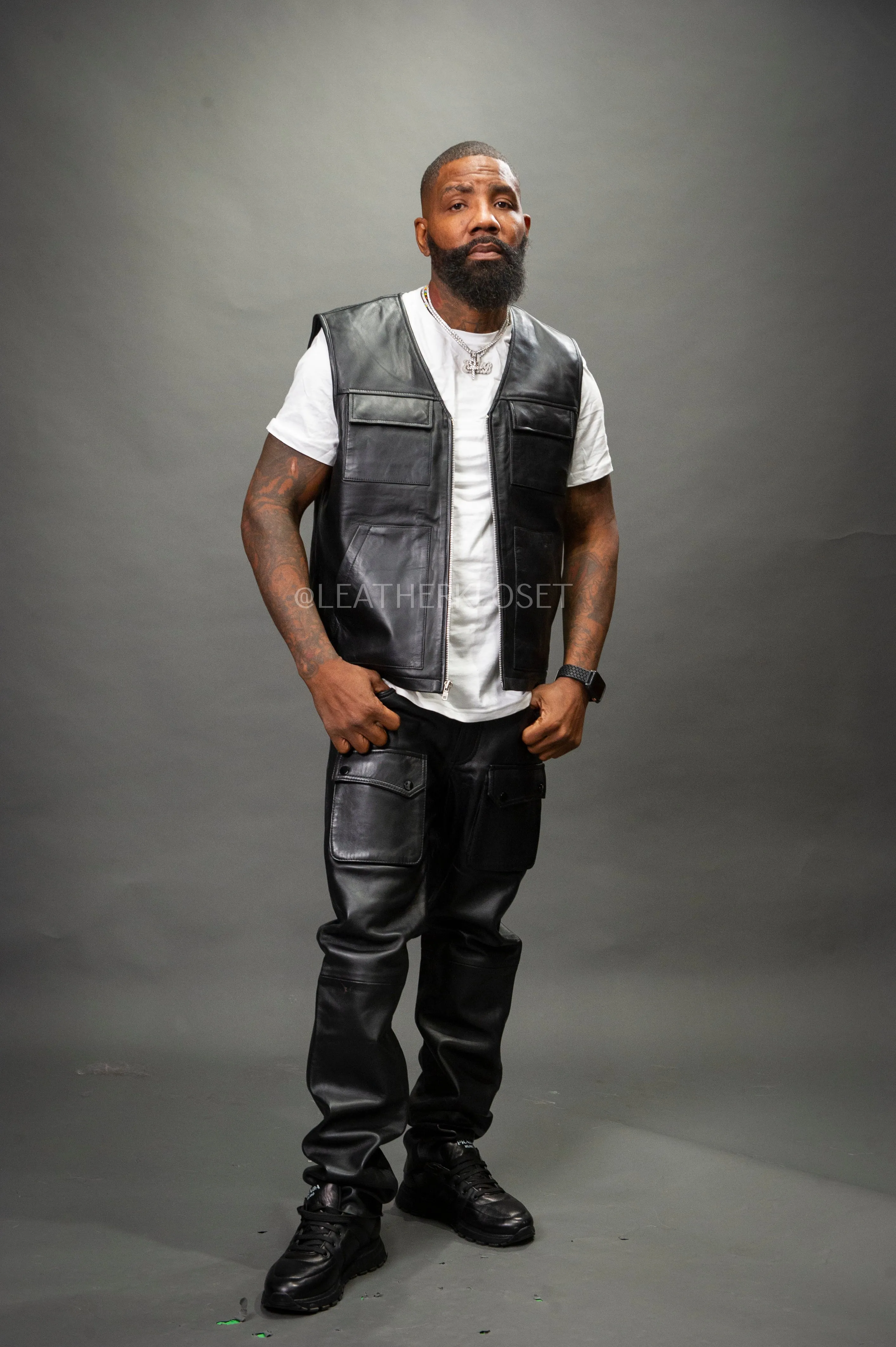 Black Leather Brooklyn Vest and Leather Cargo Pants for Men