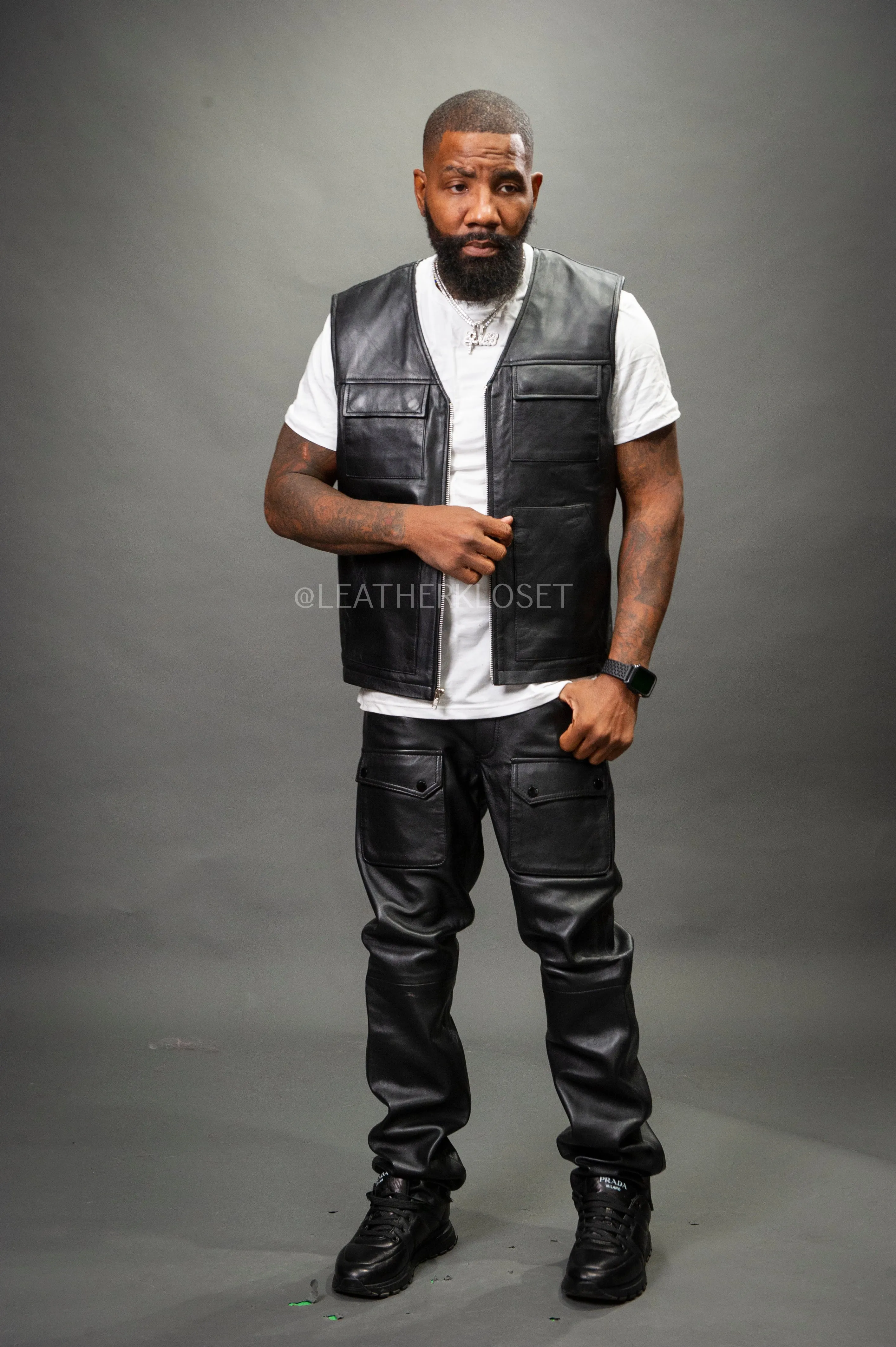 Black Leather Brooklyn Vest and Leather Cargo Pants for Men