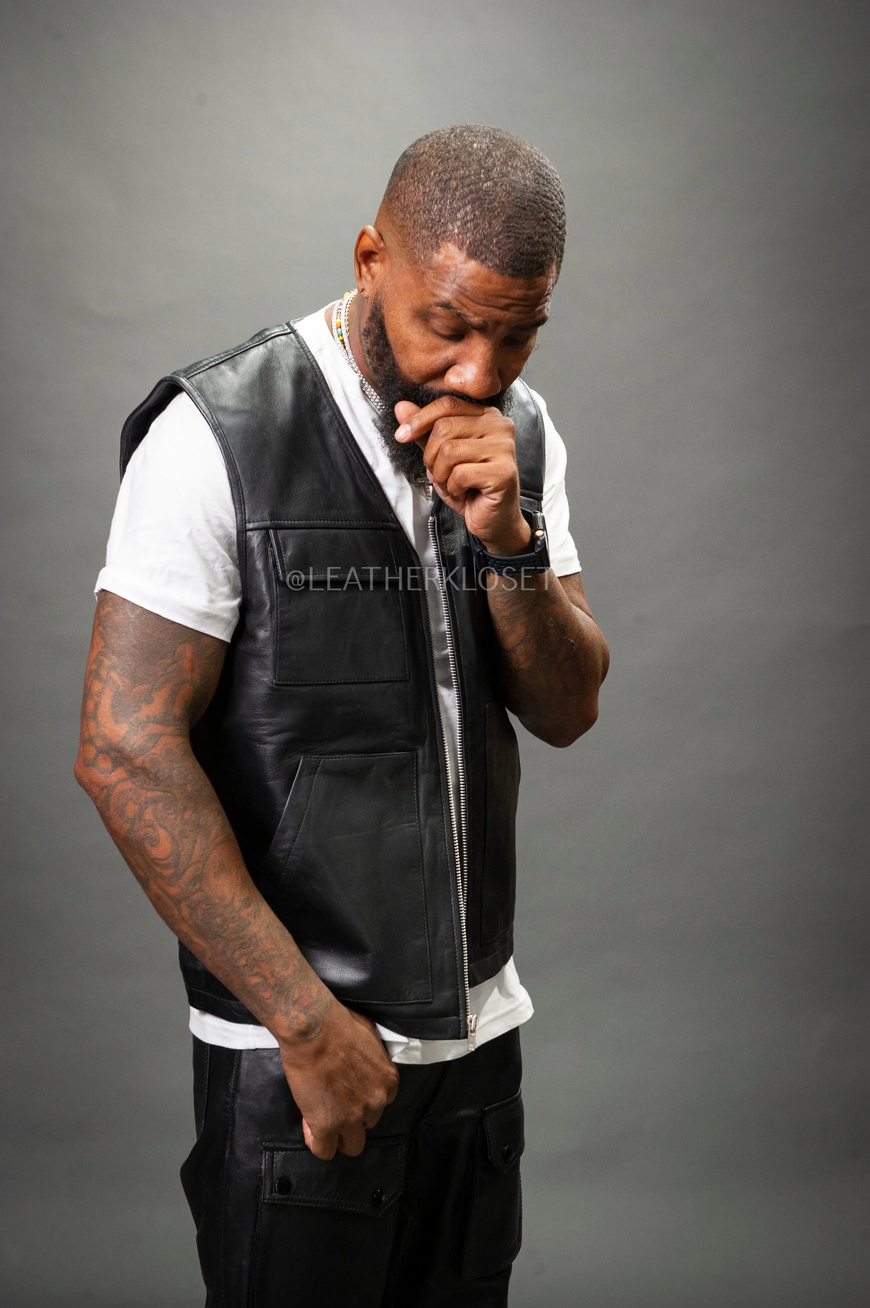 Black Leather Brooklyn Vest and Leather Cargo Pants for Men