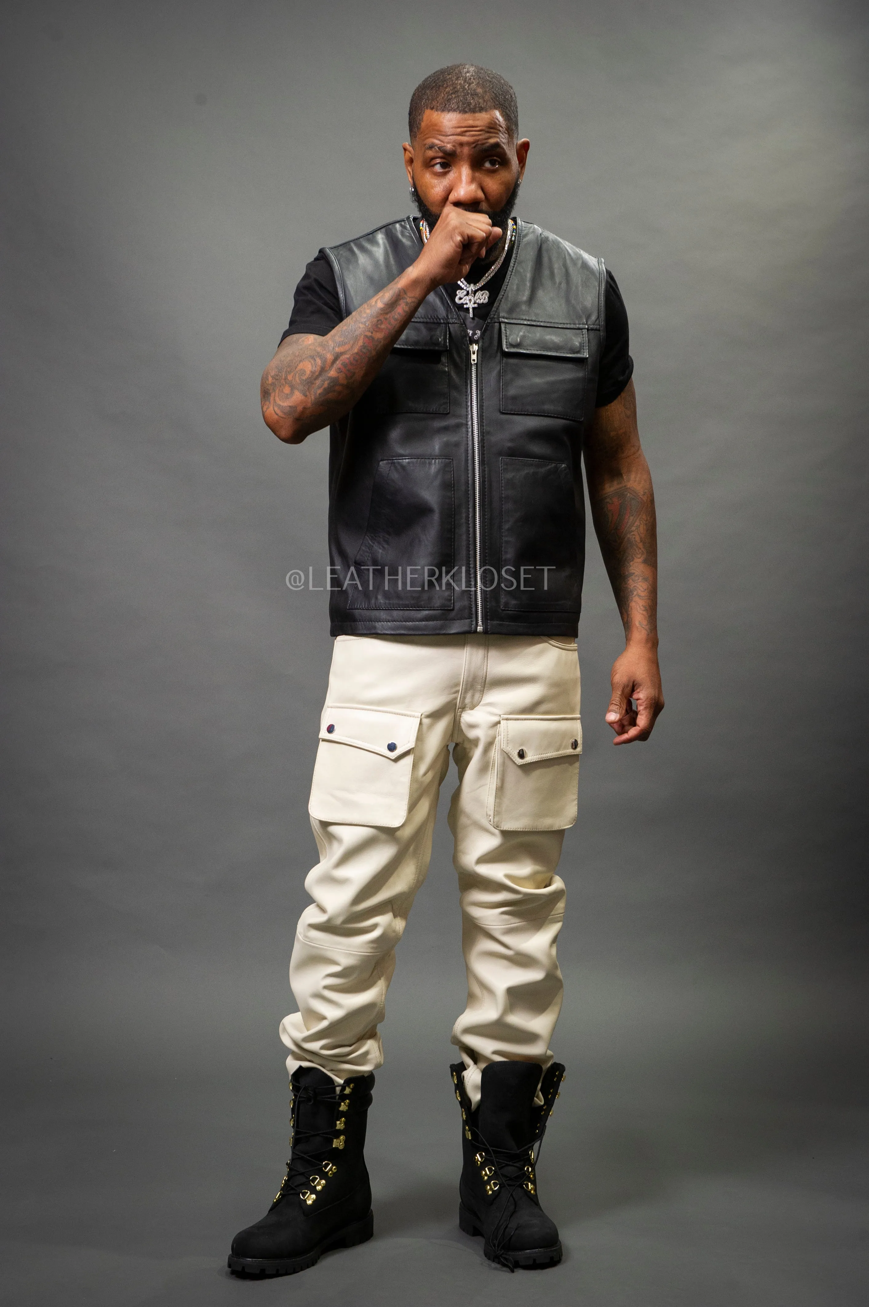 Black and Beige Mens Leather Brooklyn Vest and Leather Cargo Pants