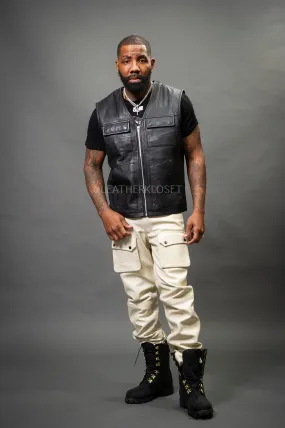 Black and Beige Mens Leather Brooklyn Vest and Leather Cargo Pants