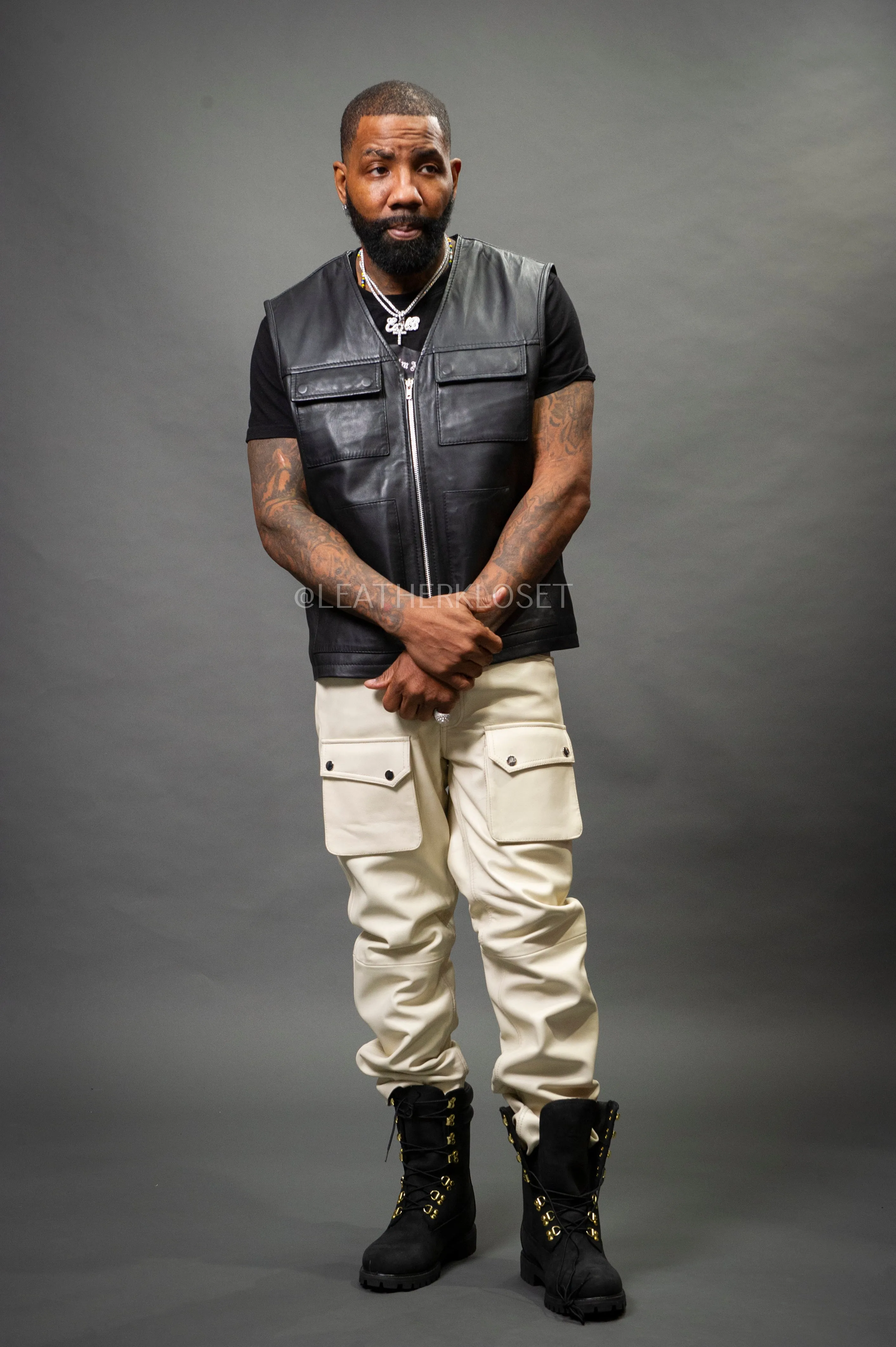 Black and Beige Mens Leather Brooklyn Vest and Leather Cargo Pants