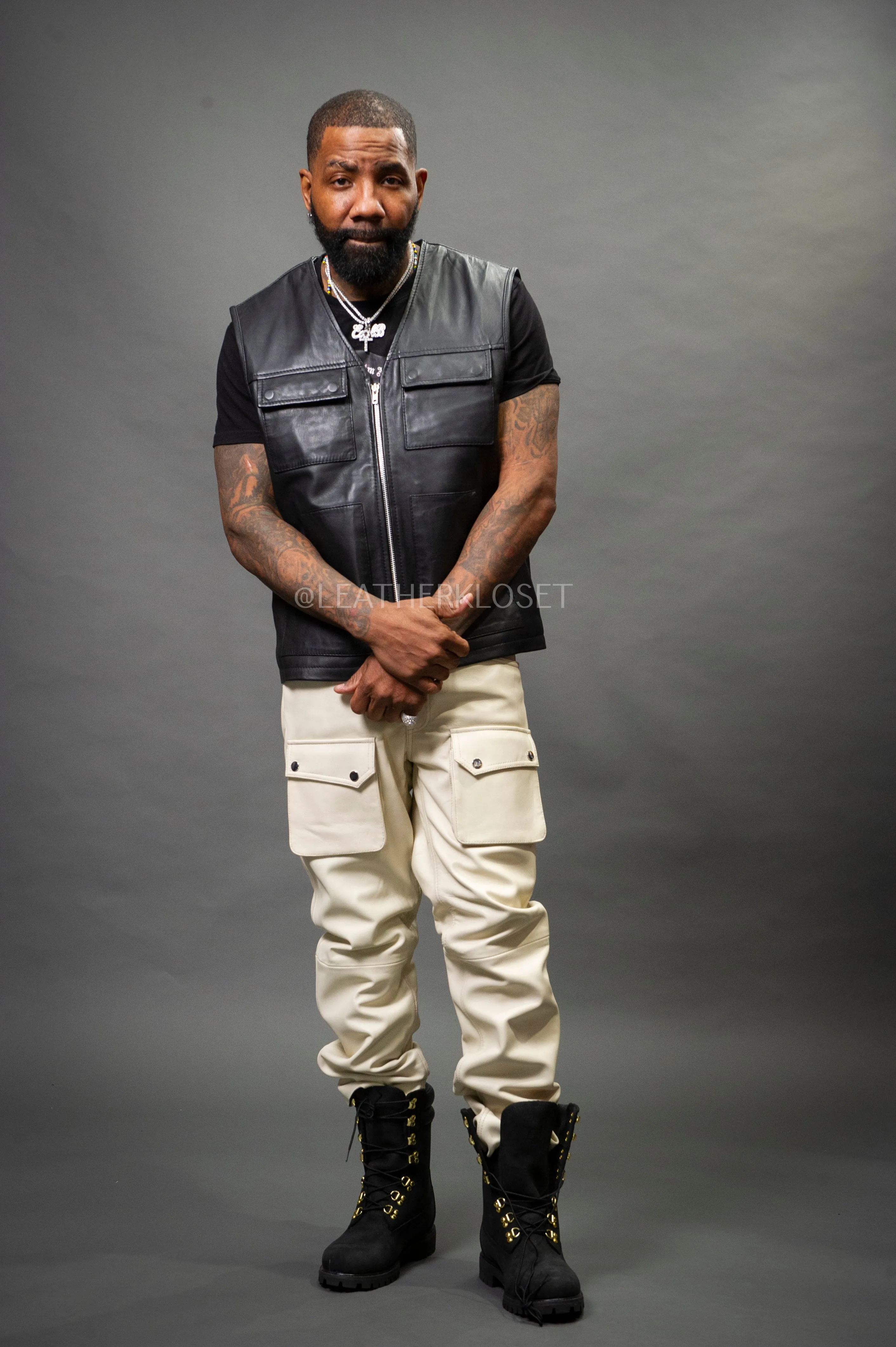 Black and Beige Mens Leather Brooklyn Vest and Leather Cargo Pants