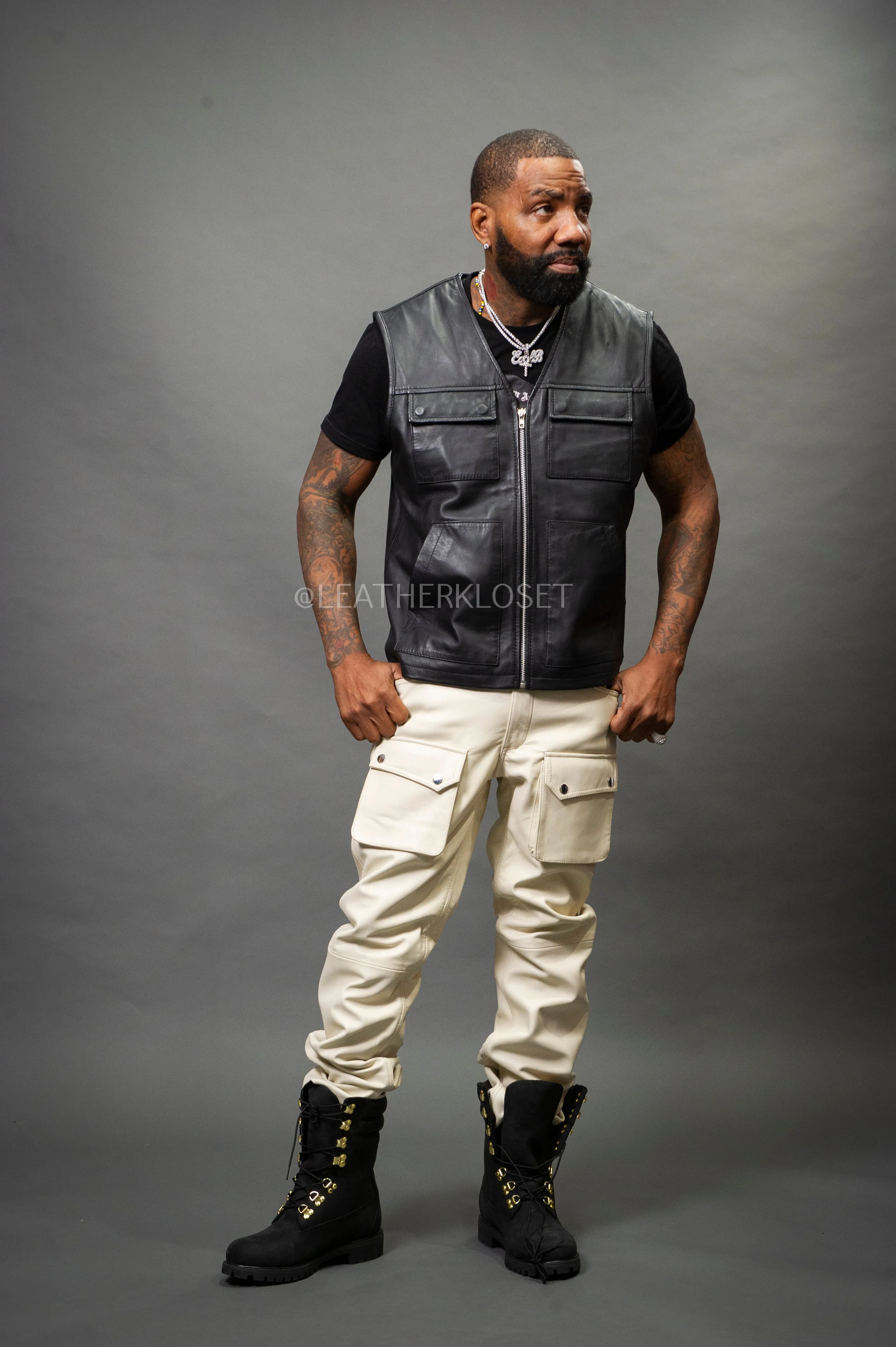 Black and Beige Mens Leather Brooklyn Vest and Leather Cargo Pants