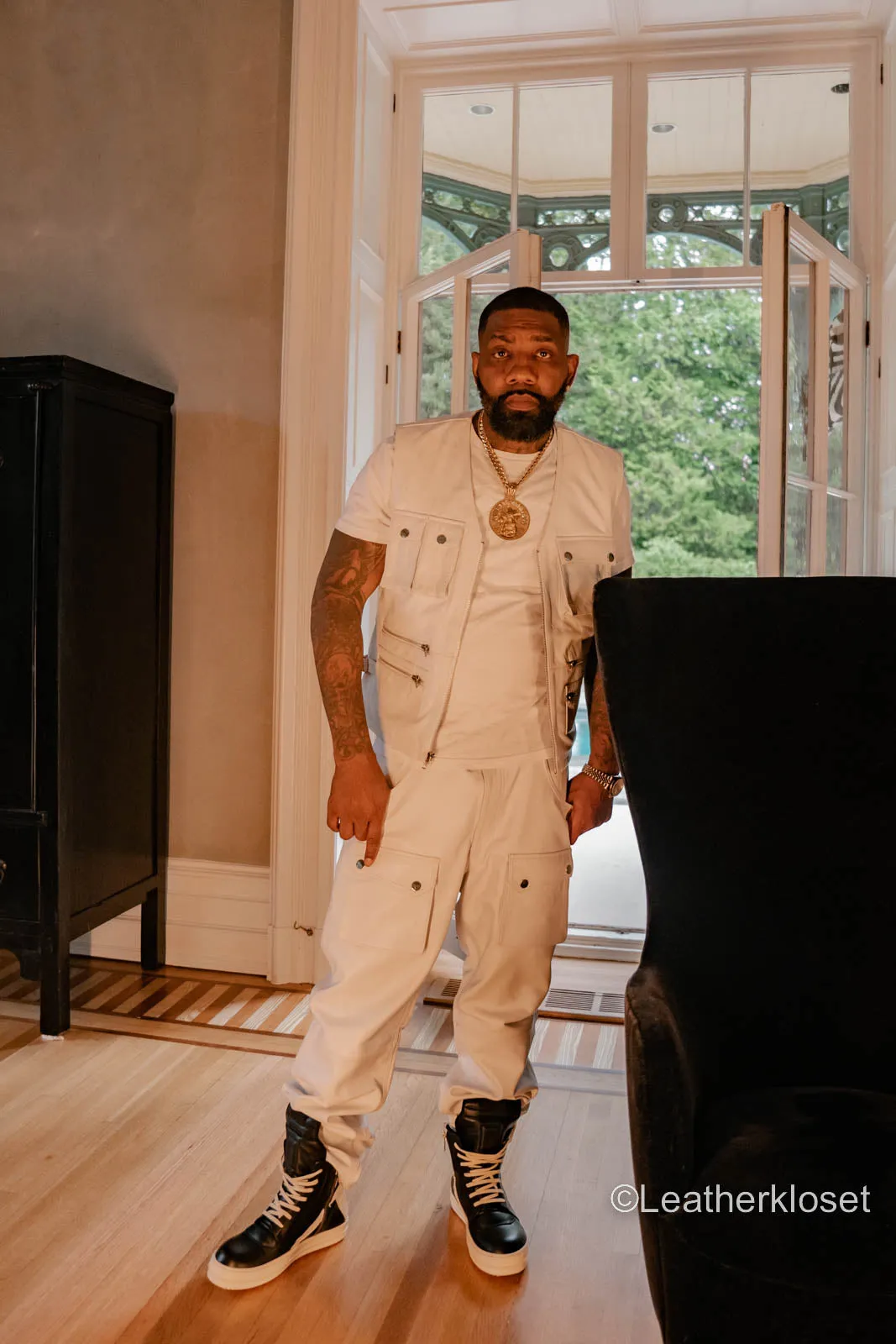 White Slim-Cut Mens Leather Tactical Vest with Matching Cargo Pants