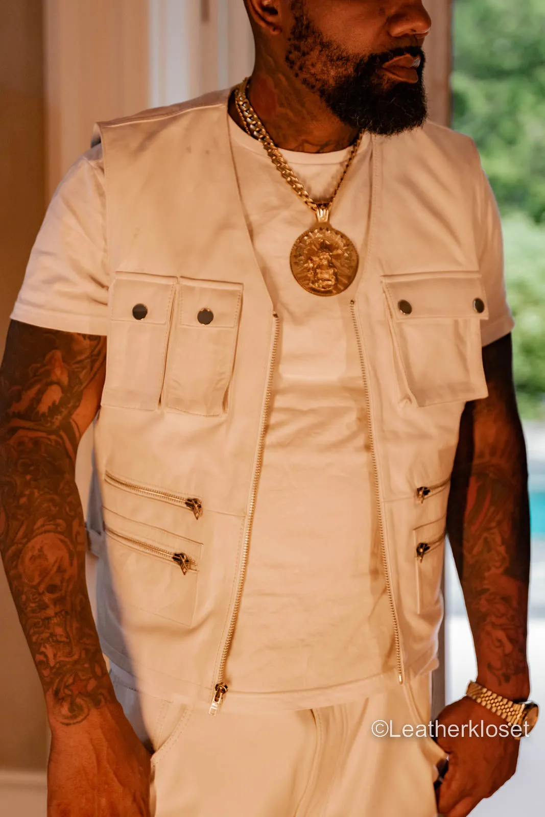 White Slim-Cut Mens Leather Tactical Vest with Matching Cargo Pants