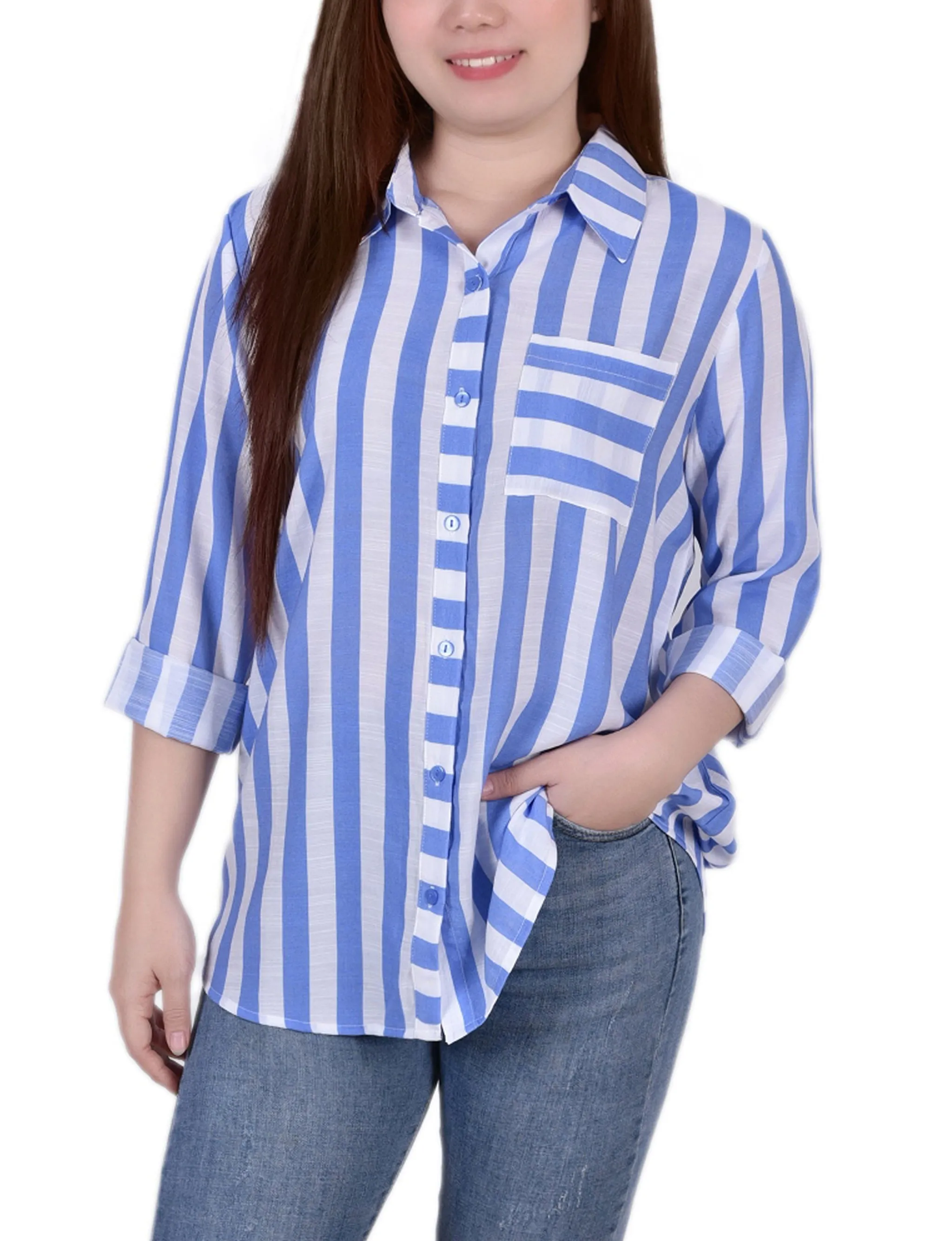Petite Long Sleeve Striped Blouse