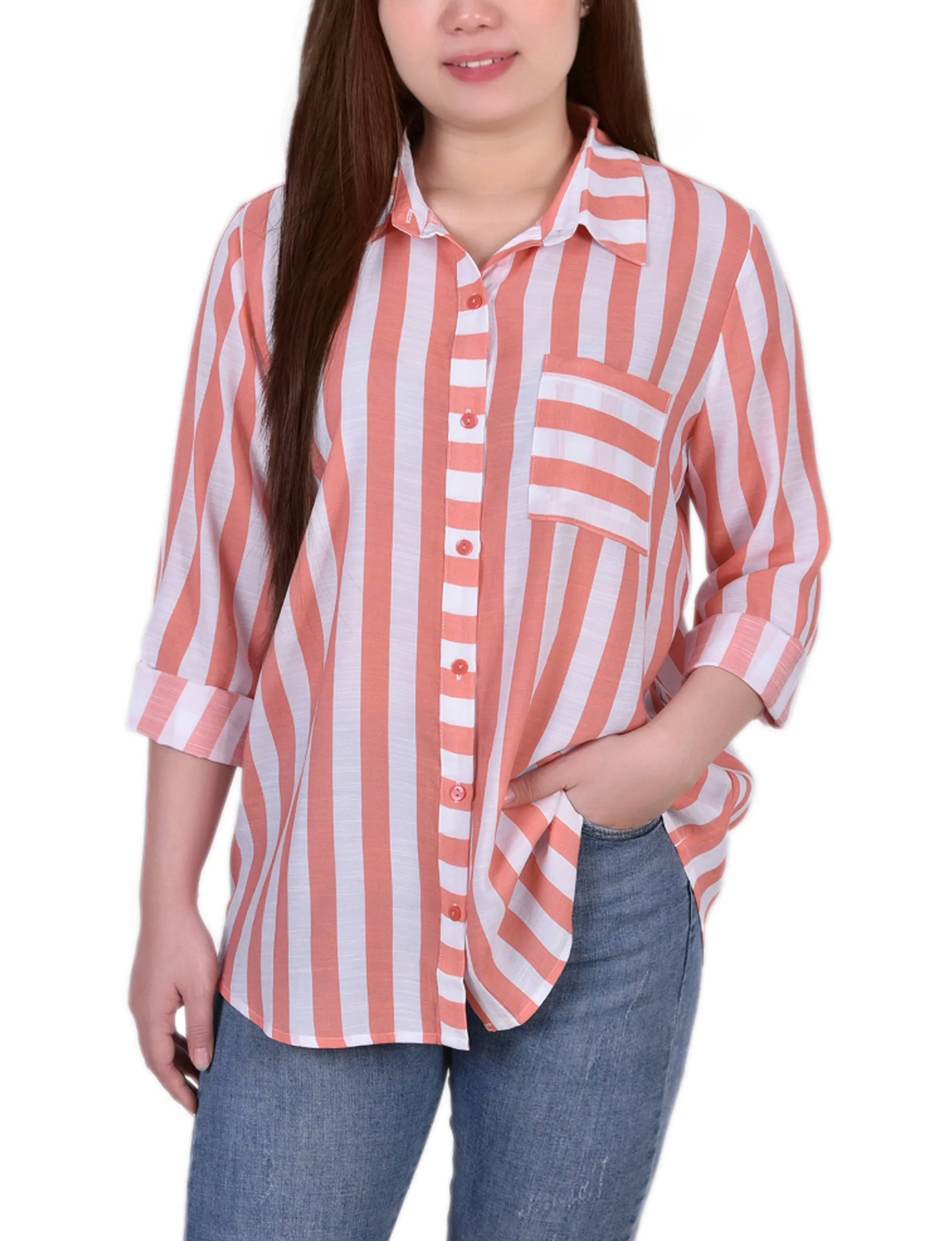 Petite Long Sleeve Striped Blouse