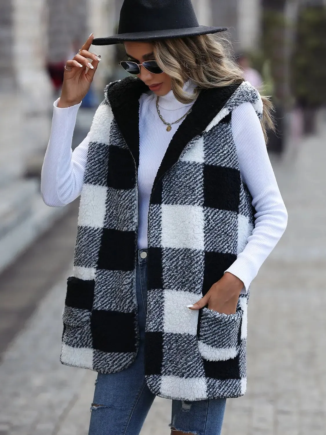 Plaid Vest, Hooded with Pockets