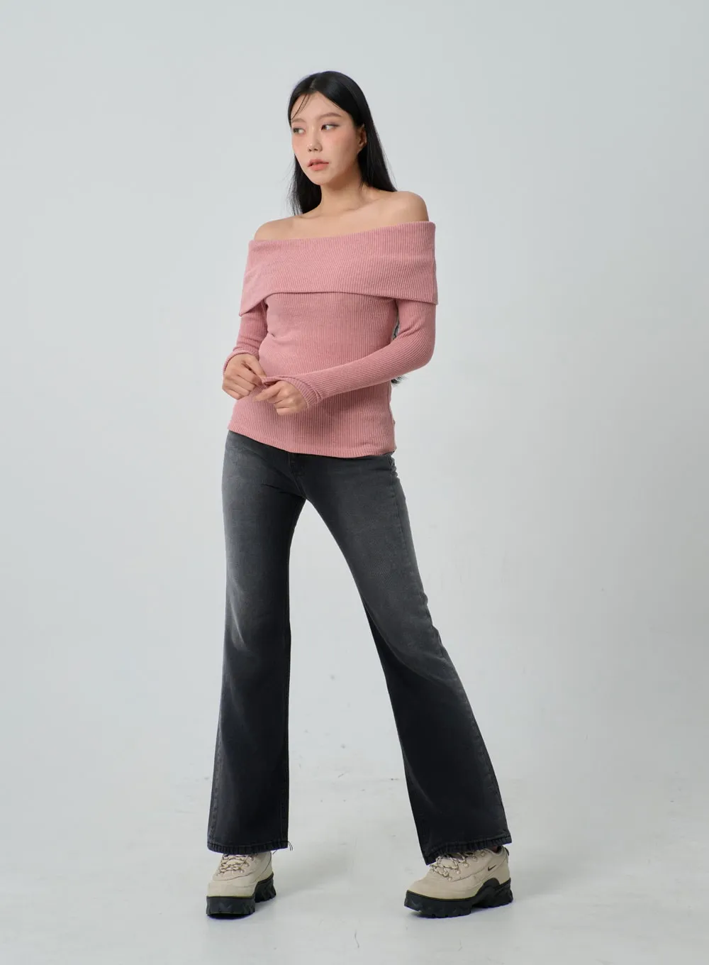 Ribbed Knit Off-Shoulder Top IJ318