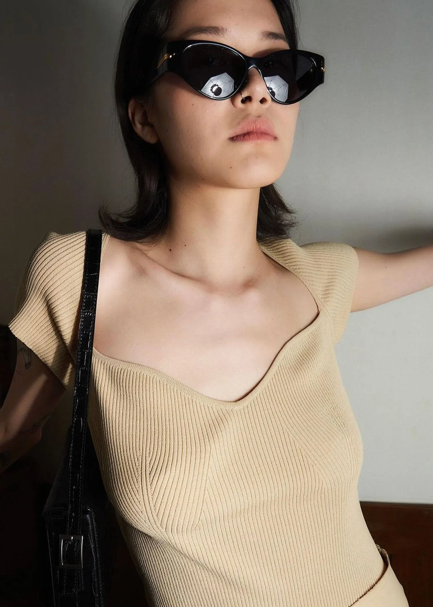 Ribbed Knit Sweetheart Neckline Top in Beige