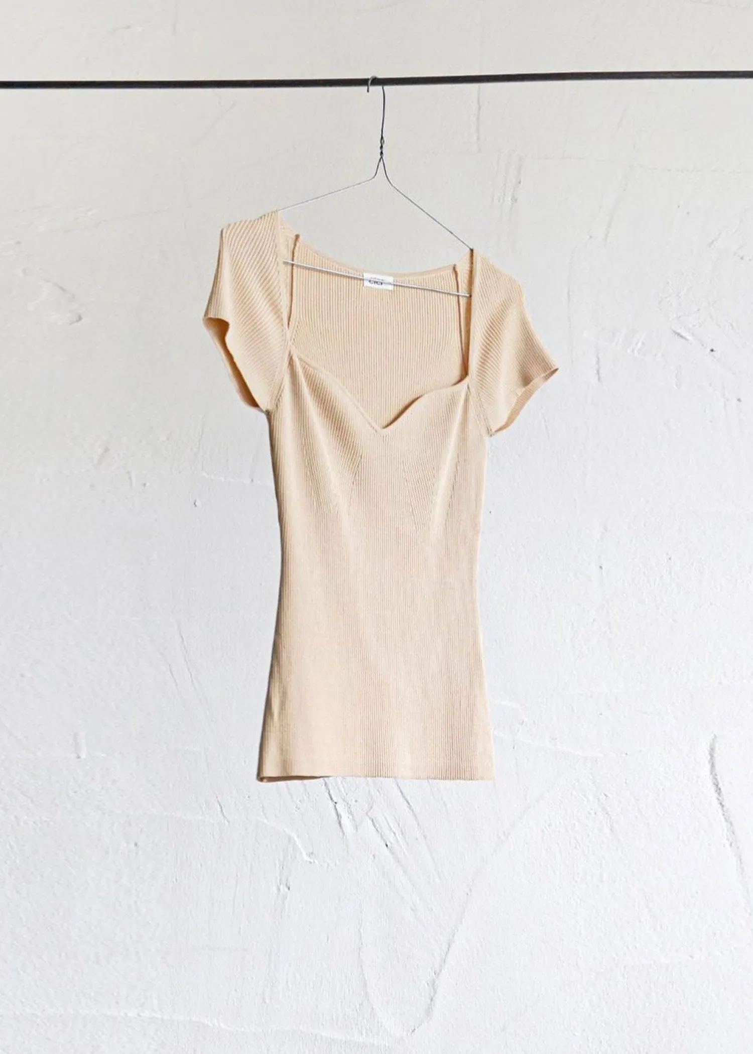 Ribbed Knit Sweetheart Neckline Top in Beige
