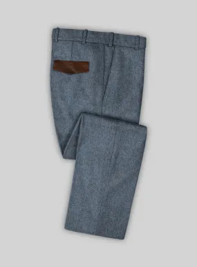 Vintage  Herringbone Blue Tweed Pants - Leather Trims