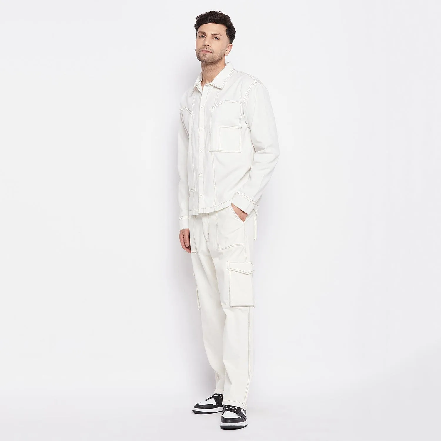 White Contrast Stich Carpenter Shirt & Cargo Pants Clothing Set
