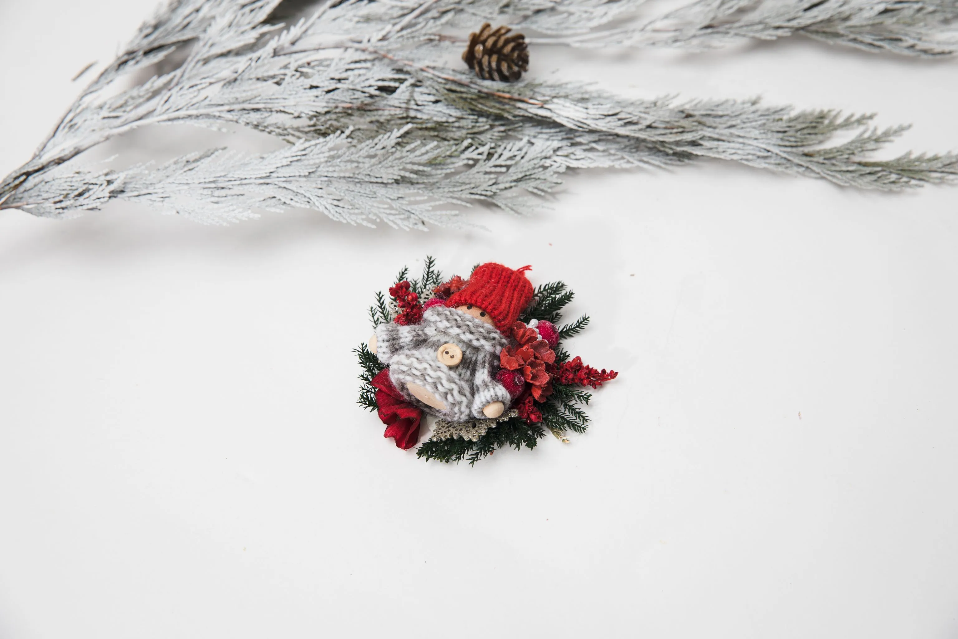 Winter brooch with doll Flower brooch Unique Christmas brooch for coat Gift for her Doll Winter jewellery Magaela Xmas party