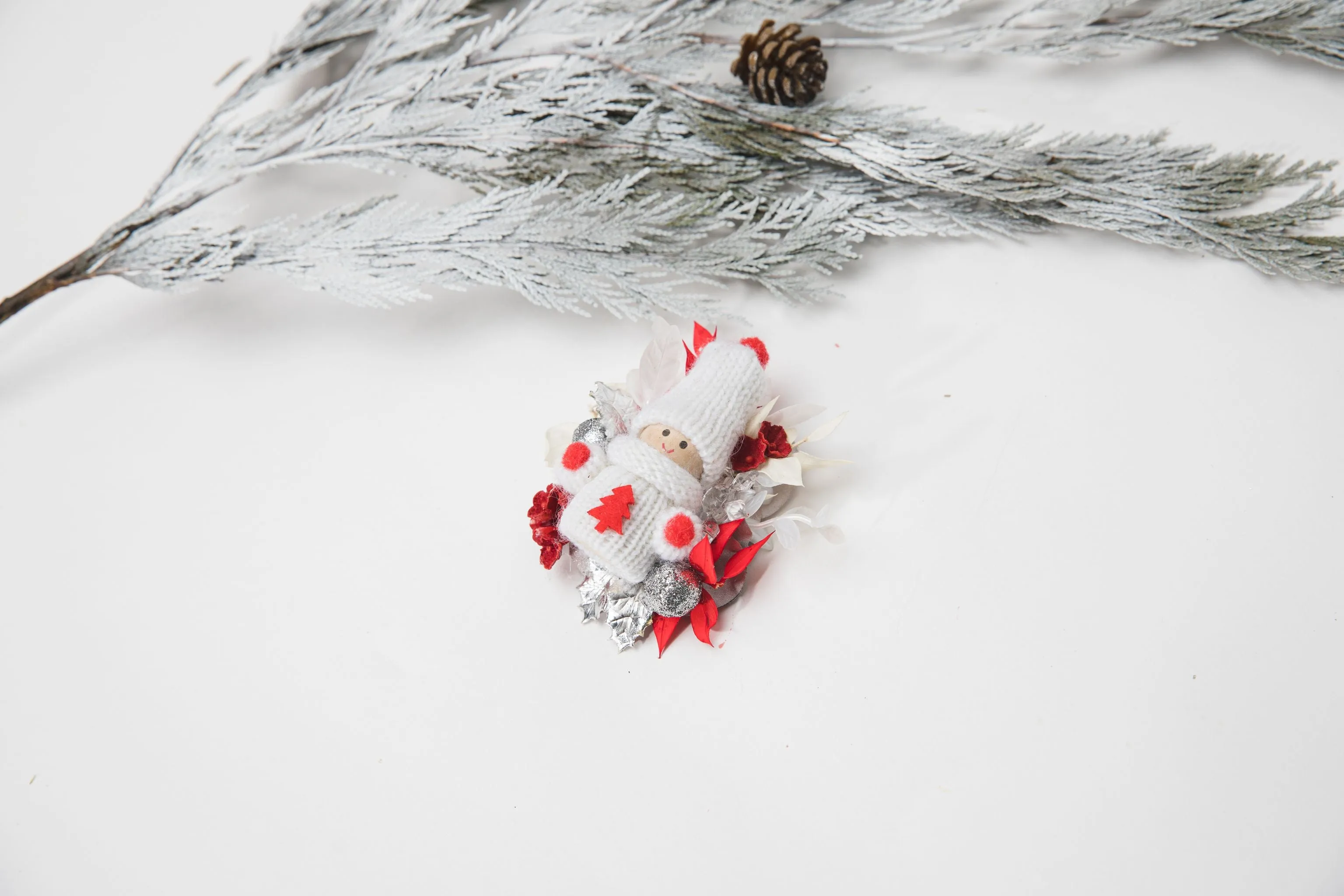 Winter brooch with doll Flower brooch Unique Christmas brooch for coat Gift for her Doll Winter jewellery Magaela Xmas party