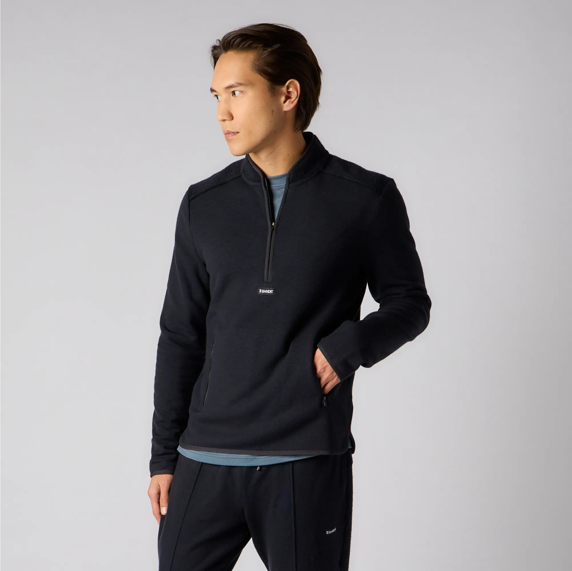 Mens Black Wool Terry Quarter Zip Pullover Sweater
