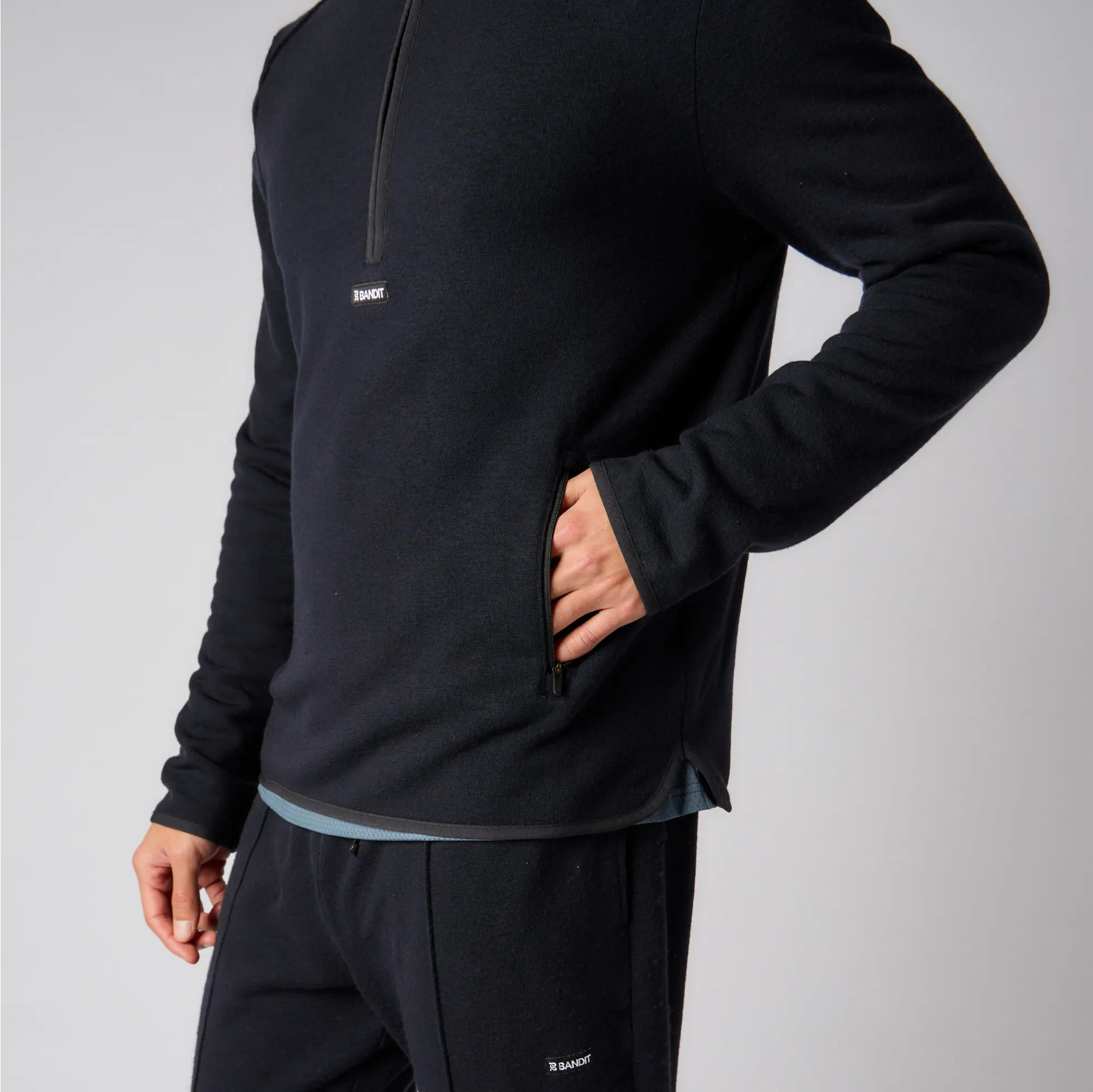 Mens Black Wool Terry Quarter Zip Pullover Sweater