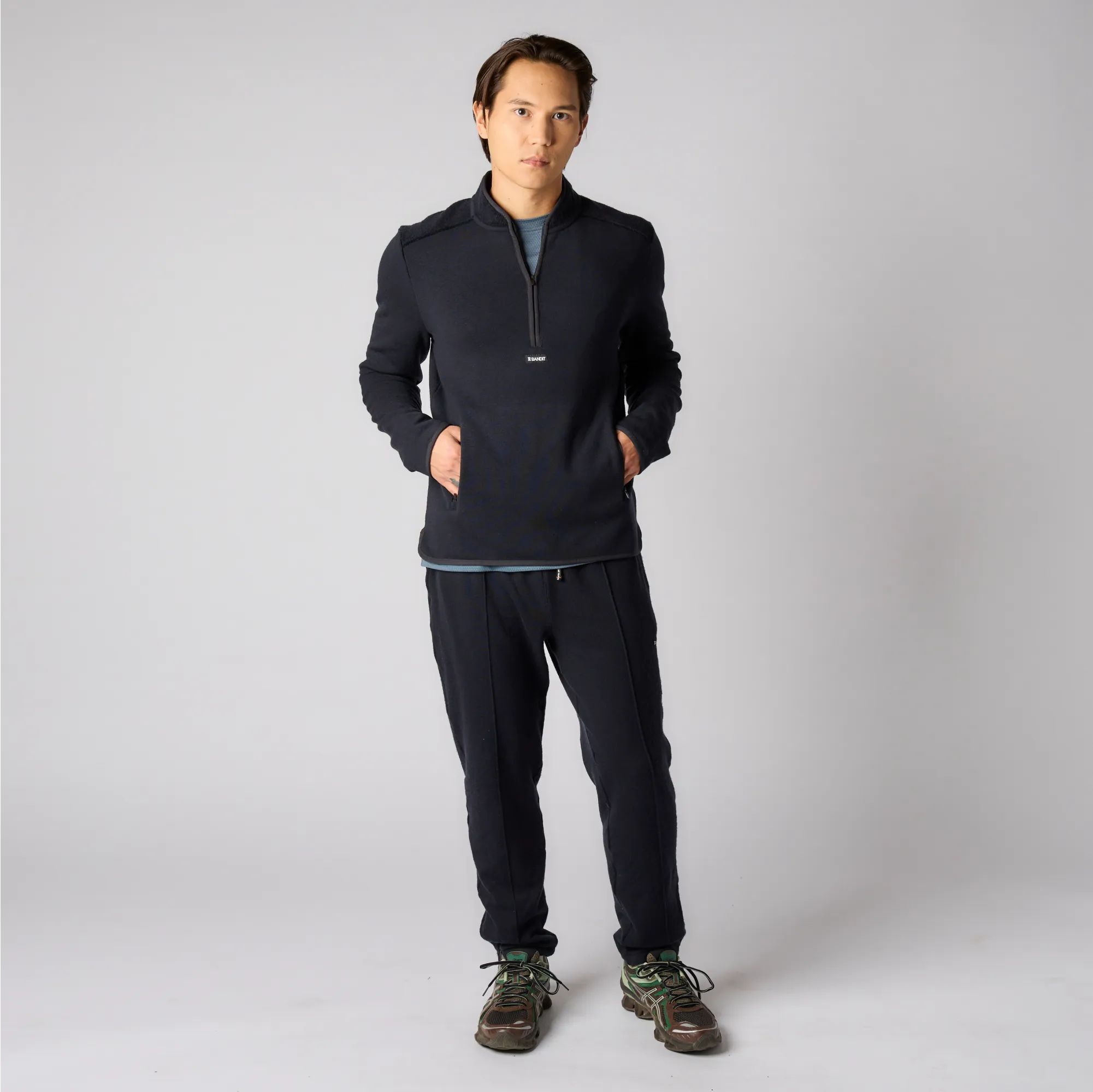 Mens Black Wool Terry Quarter Zip Pullover Sweater