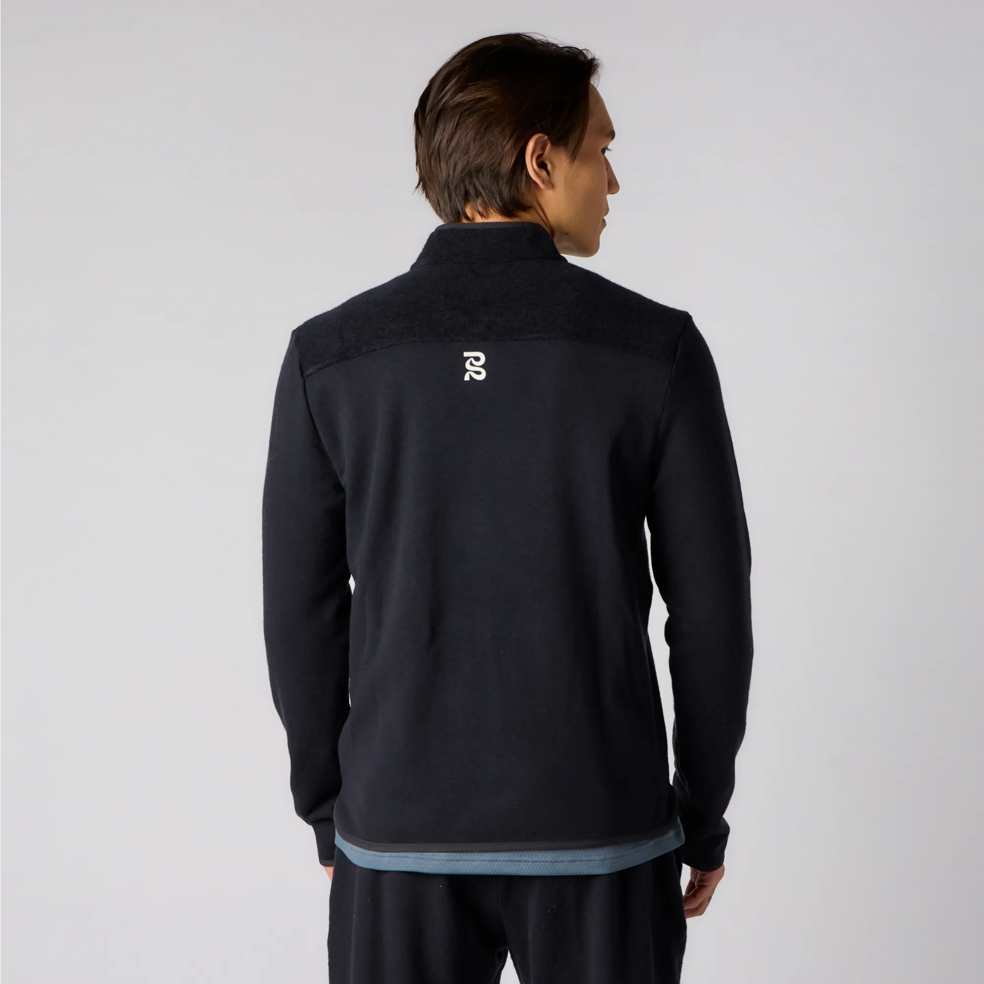 Mens Black Wool Terry Quarter Zip Pullover Sweater