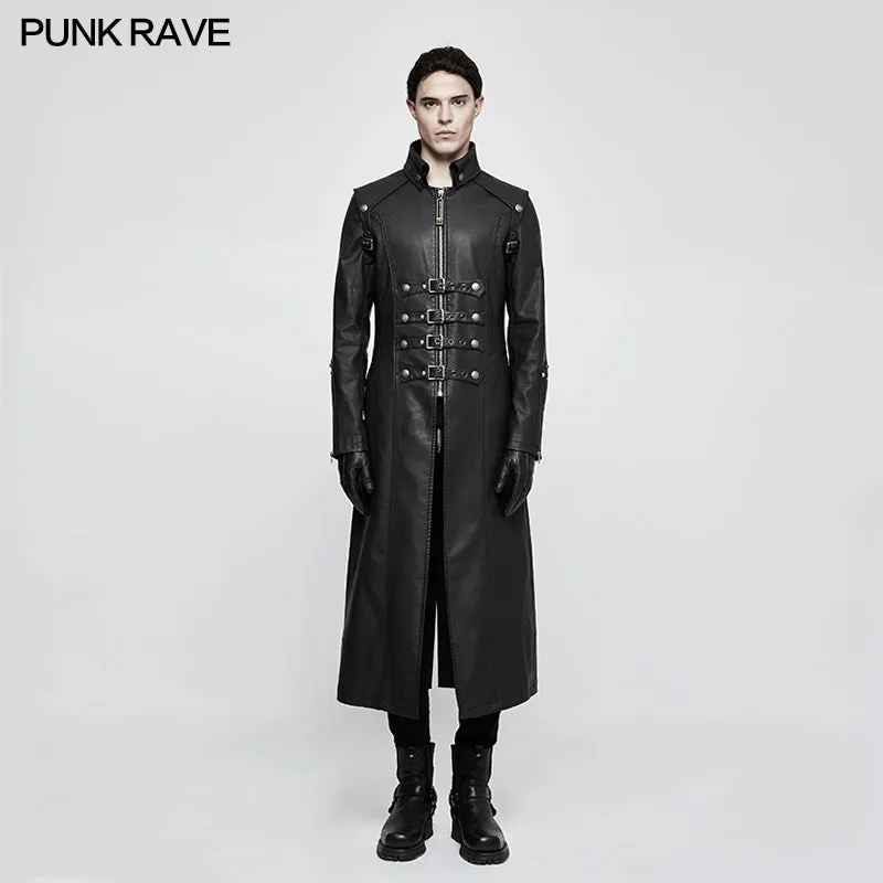 Y-809 Winter Men Long Leather Punk Coat With Stand-up Collar