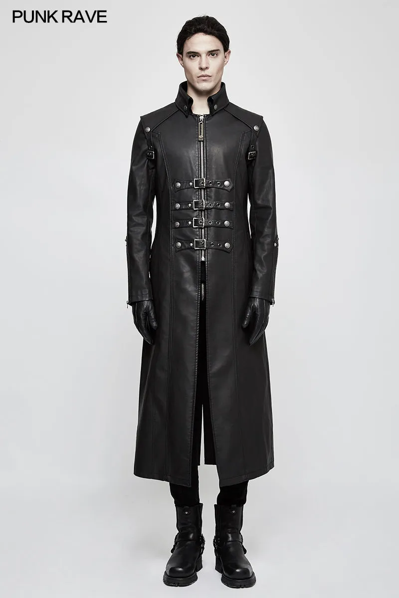 Y-809 Winter Men Long Leather Punk Coat With Stand-up Collar