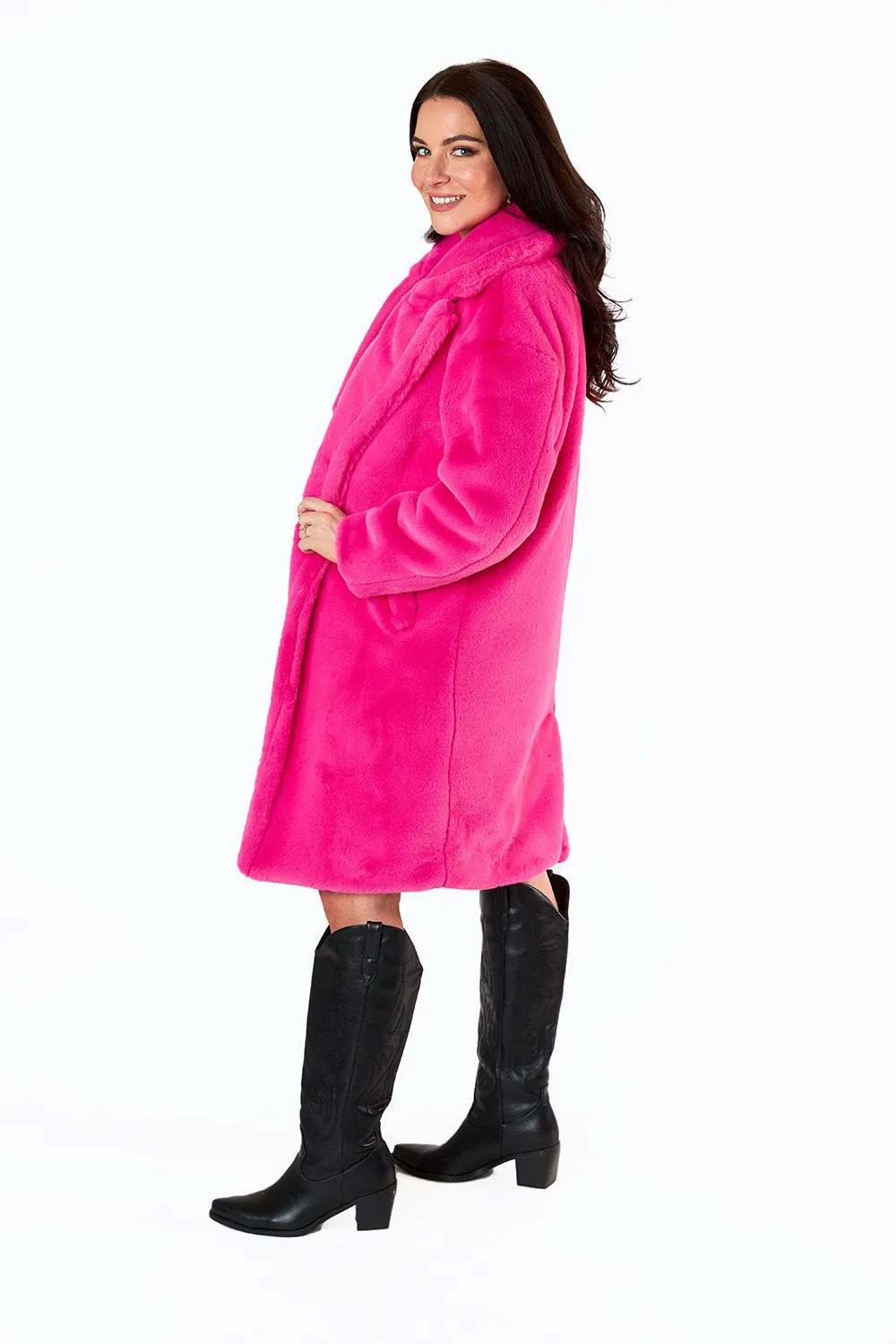 Chic Hot Pink Oversized Faux Fur Coat for Women - Cozy and Stylish Outerwear